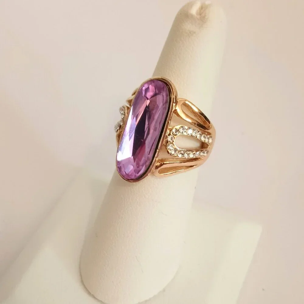 Gold Tone Purple Oblong Ring 6.5 Open Work Jewelry with Side Pave Stones